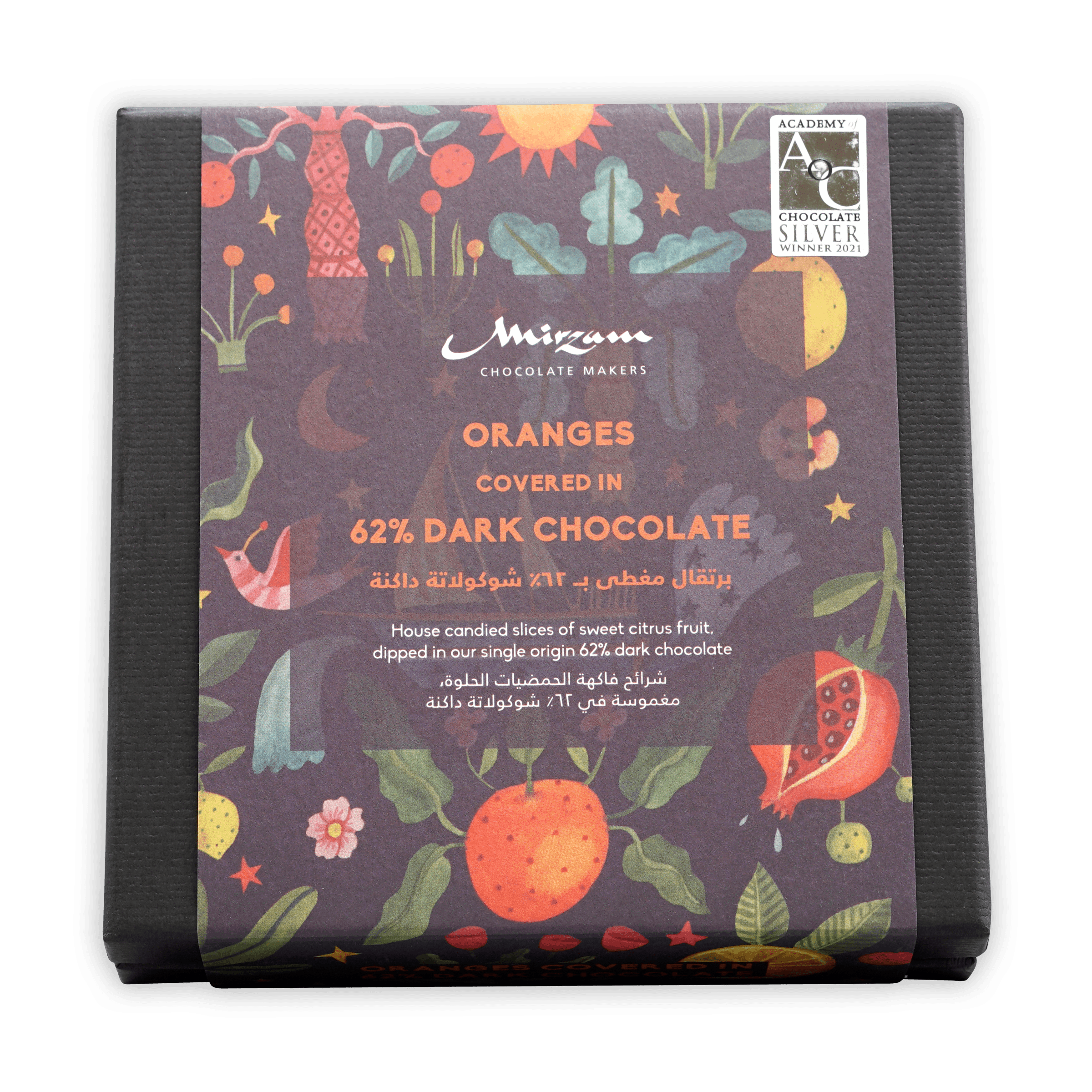 Mirzam Dark Chocolate Coated Oranges 62% in purple fruit box