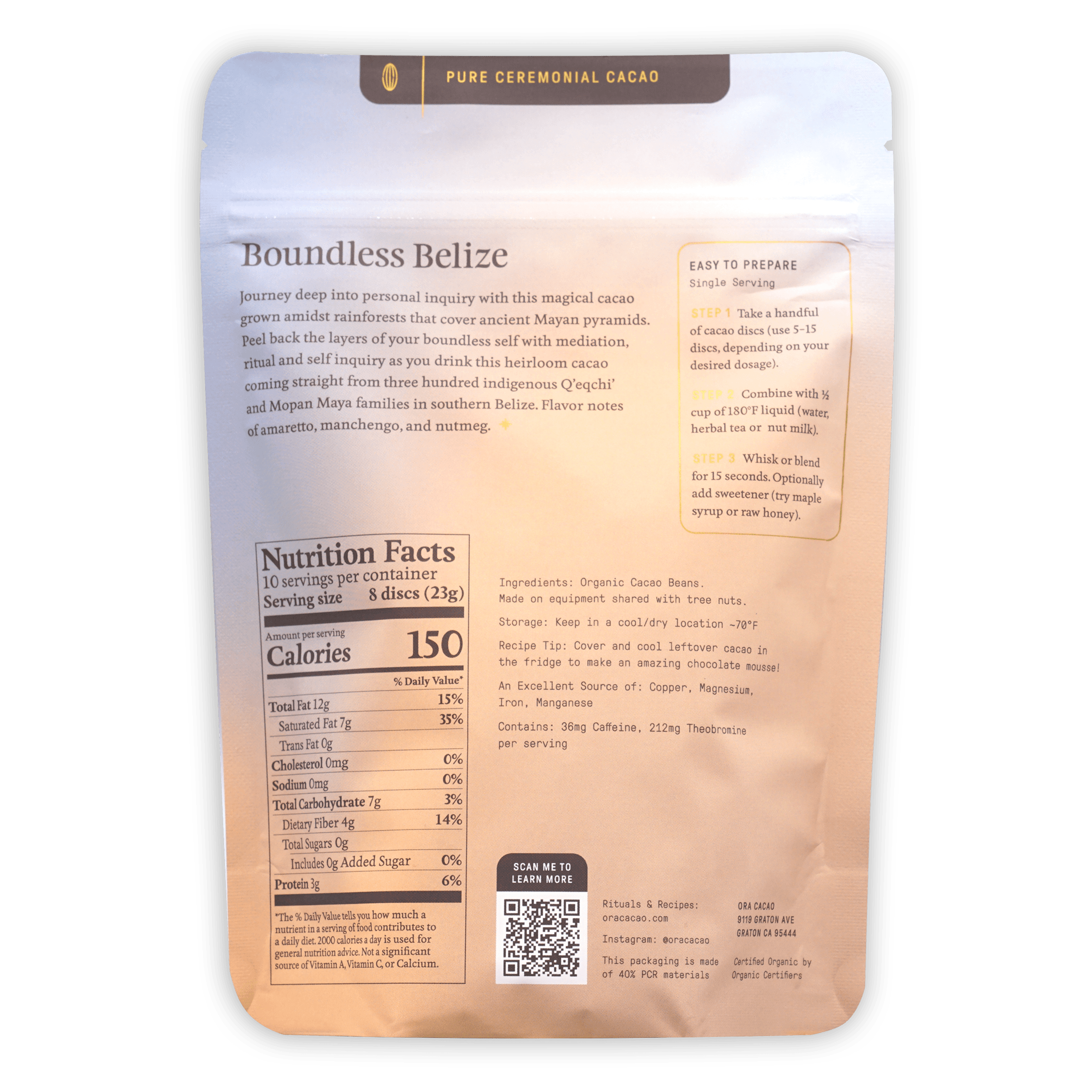 Ora Ceremonial Cacao Boundless Belize 100% matte white pouch