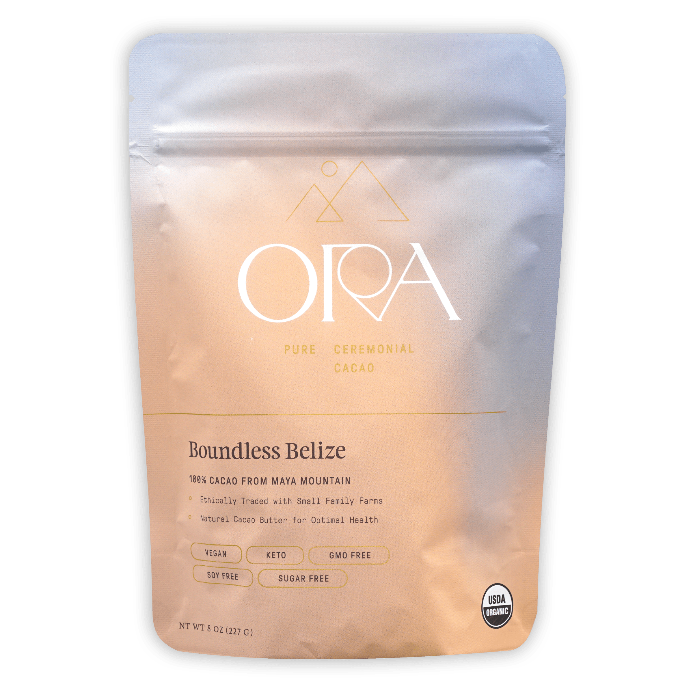 Sleek matte Ora Boundless Belize ceremonial cacao pouch in peach gradient with gold foil
