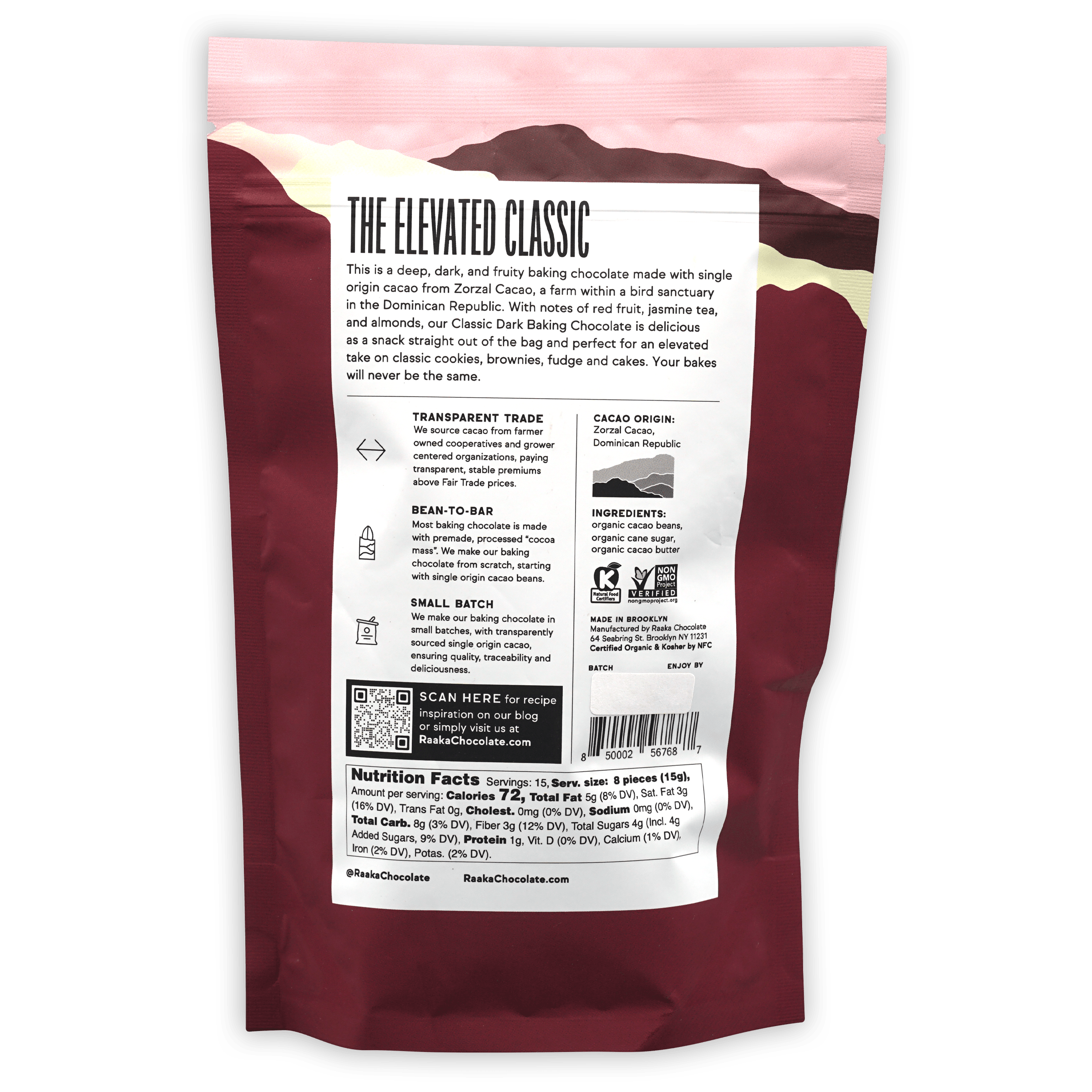 Raaka Baking Chocolate Classic Dark 71% pink maroon foil bag