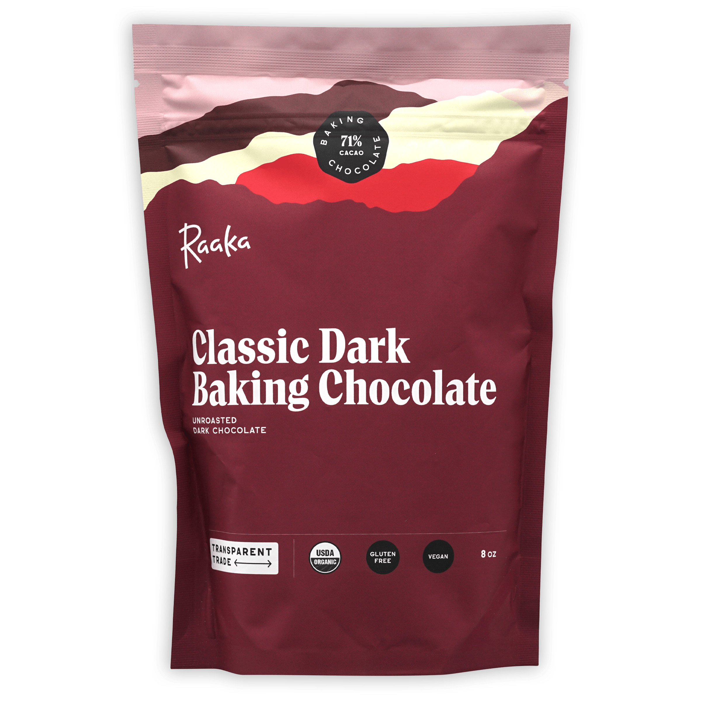 Raaka Classic Dark 71% cacao baking chocolate pouch with mountain design