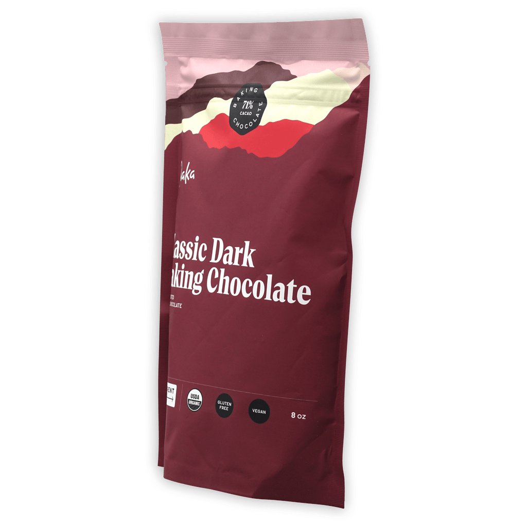 Raaka Baking Chocolate Classic Dark 71% maroon pouch with minimalist mountain design