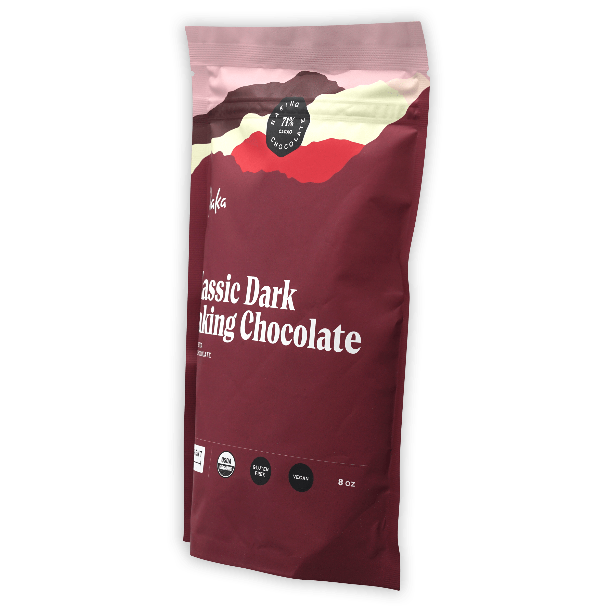 Raaka Baking Chocolate Classic Dark 71% maroon pouch with minimalist mountain design