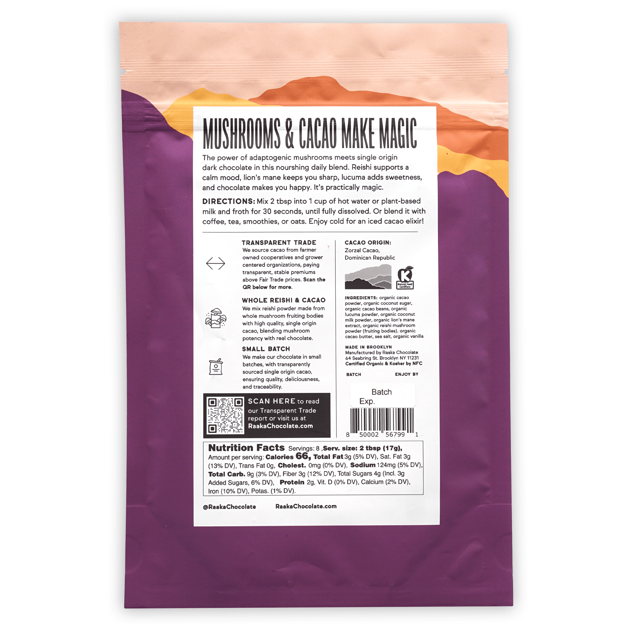 Raaka Cocoa + Mushroom Blend purple orange pouch Mushrooms & Cacao Make Magic