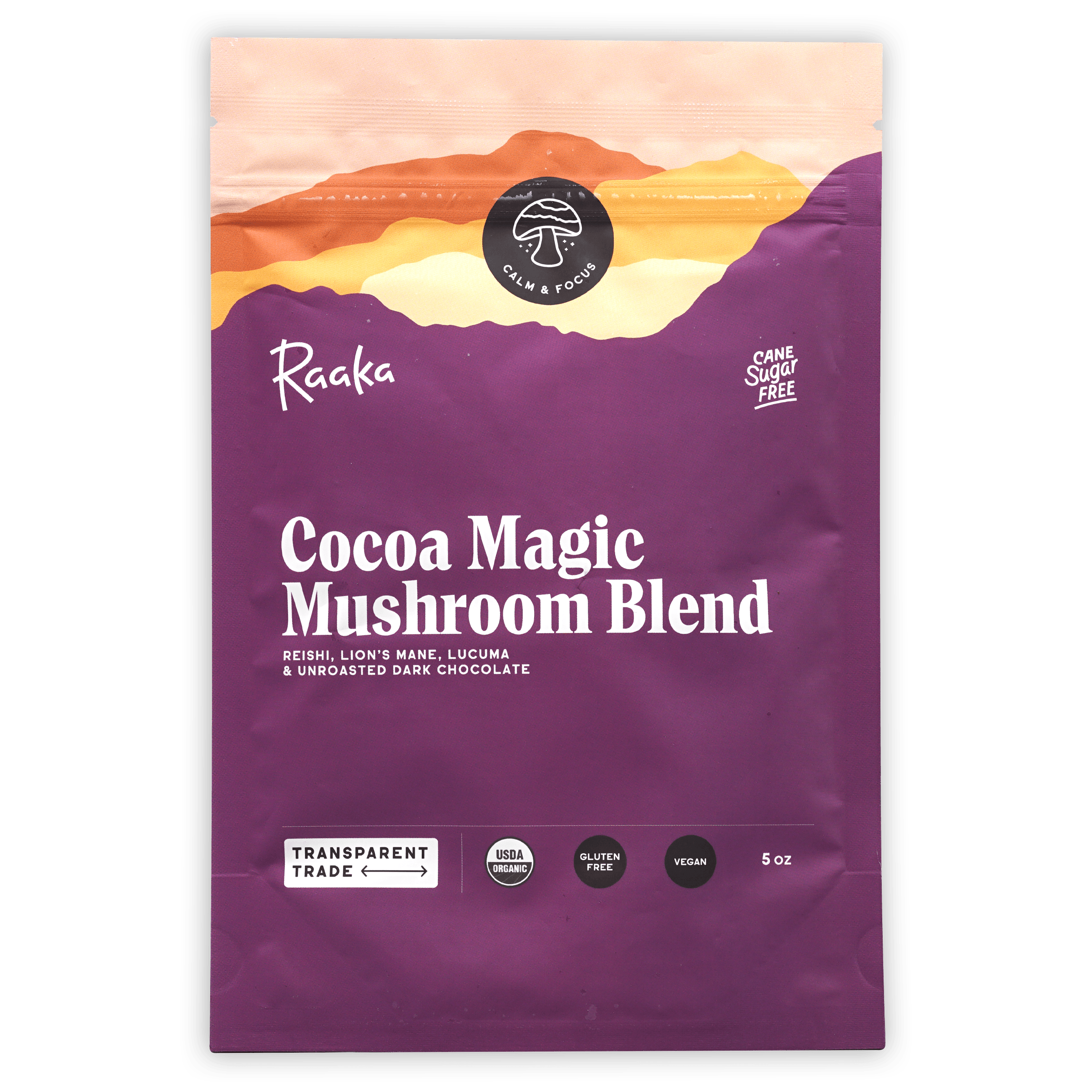 Raaka Cocoa Mushroom Blend purple pouch with mountain sunset, organic vegan gluten-free