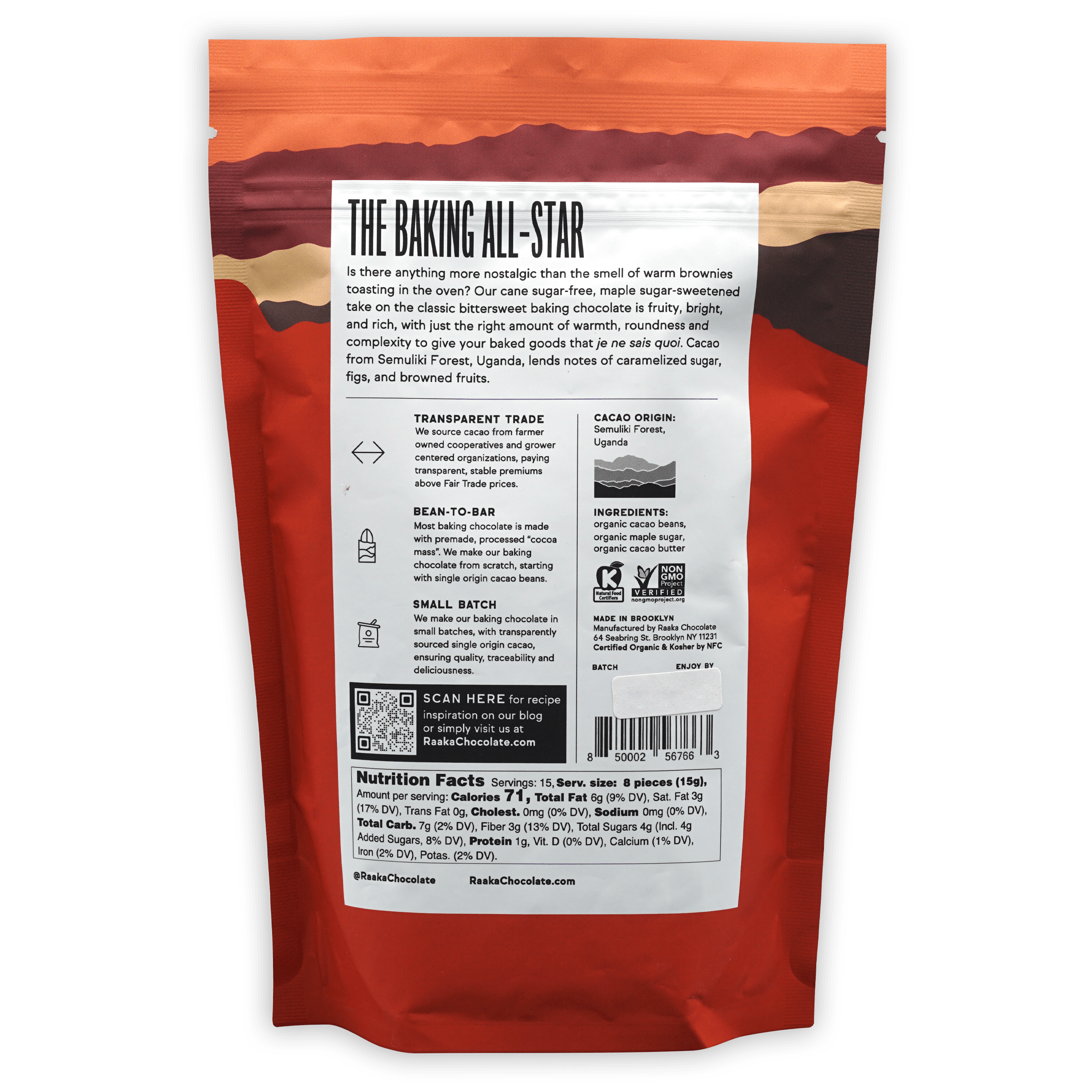 Raaka Baking Chocolate Maple Dark 75% resealable bag back with ingredients
