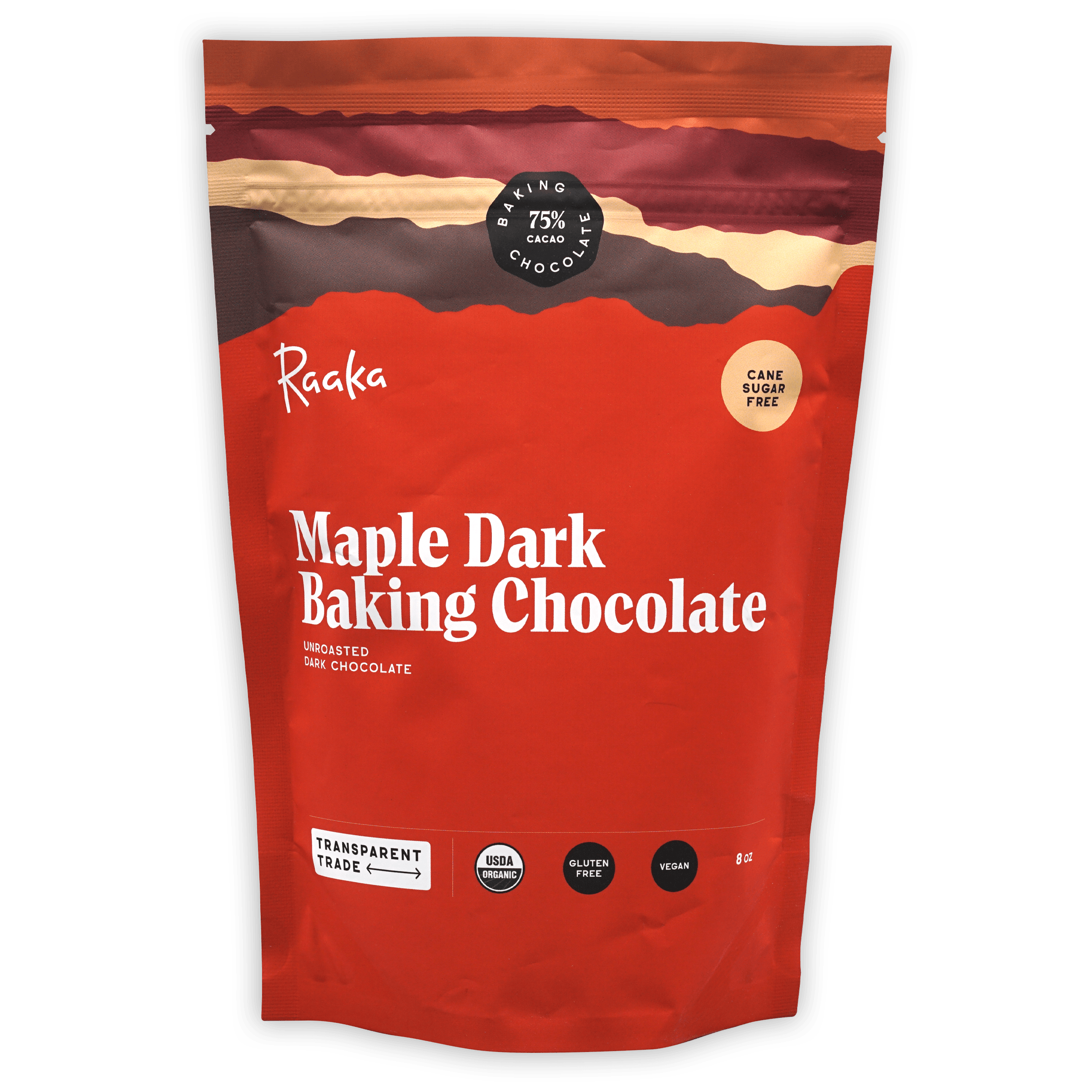 Raaka Maple Dark 75% Baking Chocolate in red resealable pouch