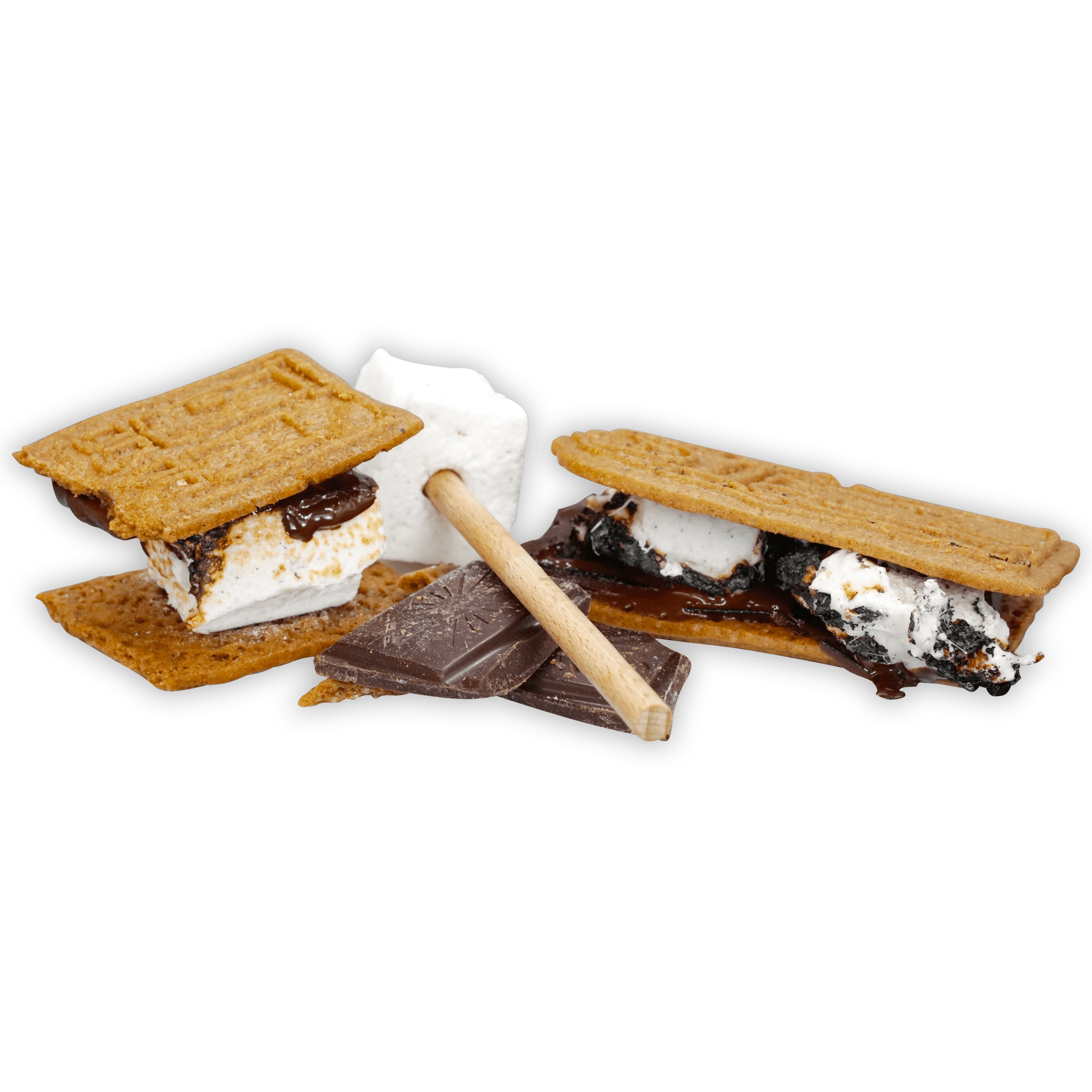 Golden graham s’more with toasted marshmallow, melted chocolate and stick in Gourmet S’mores Kit w/ Chocolate