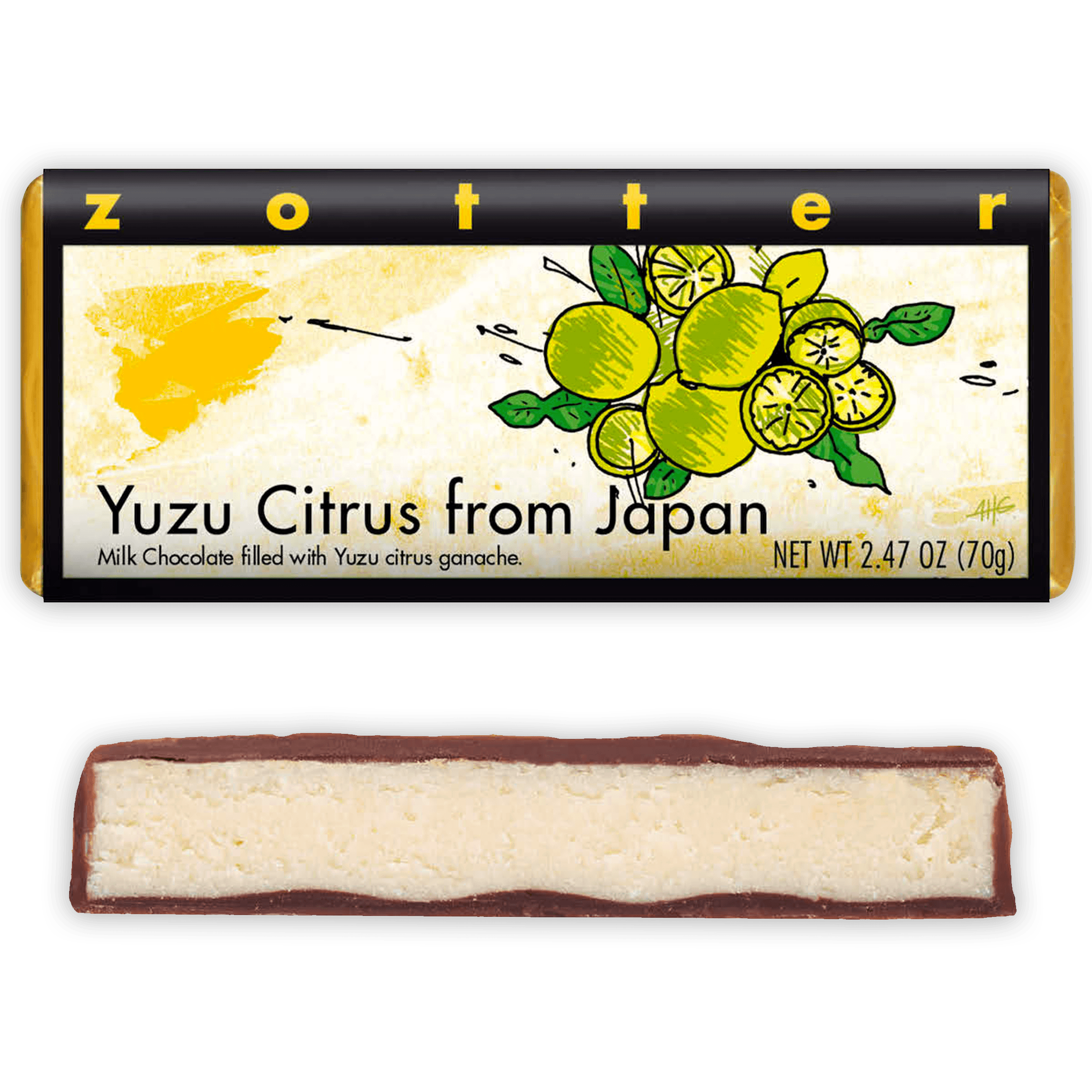 Zotter Yuzu Citrus 50% milk chocolate bar with vibrant wrapper