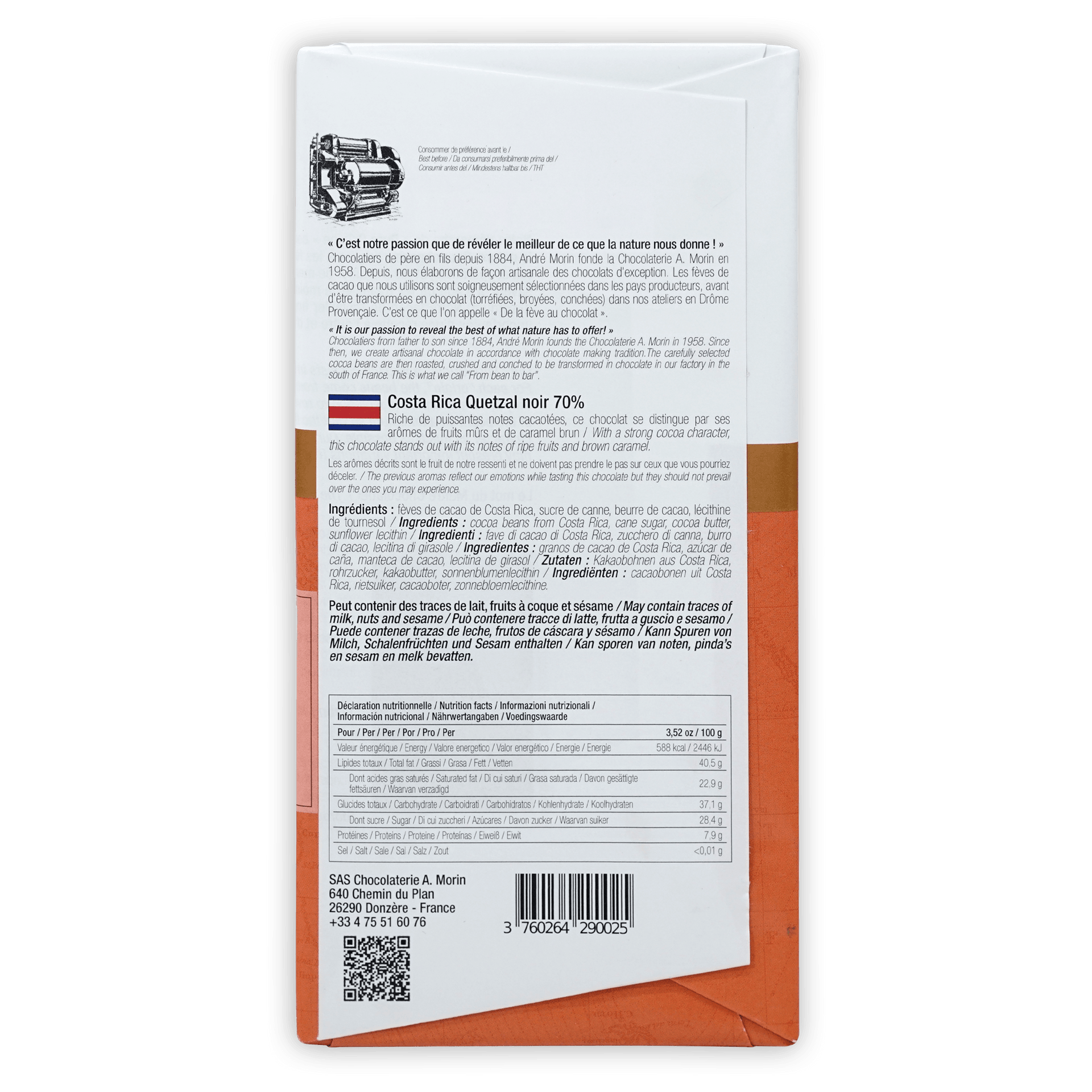 A. Morin Costa Rica Quetzal 70% noir chocolate bar in white orange packaging