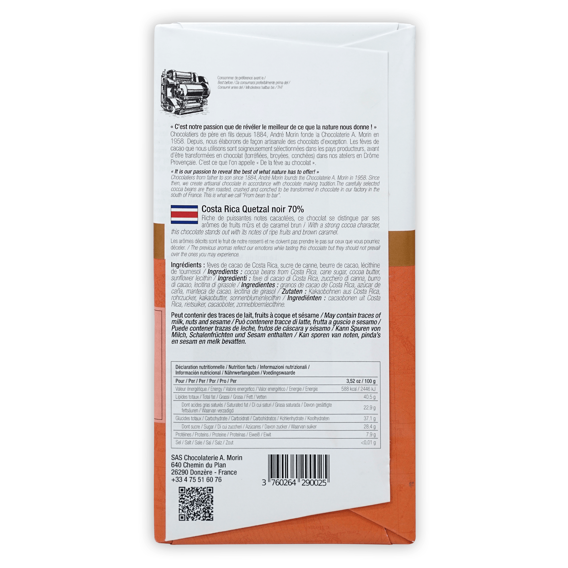 A. Morin Costa Rica Quetzal 70% noir chocolate bar in white orange packaging