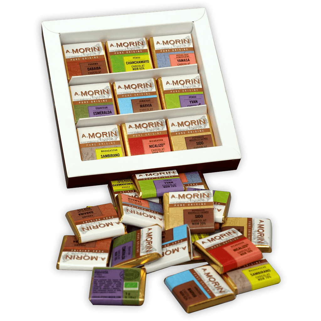 A. Morin dark chocolate tasting box with 27 colorful foil bars