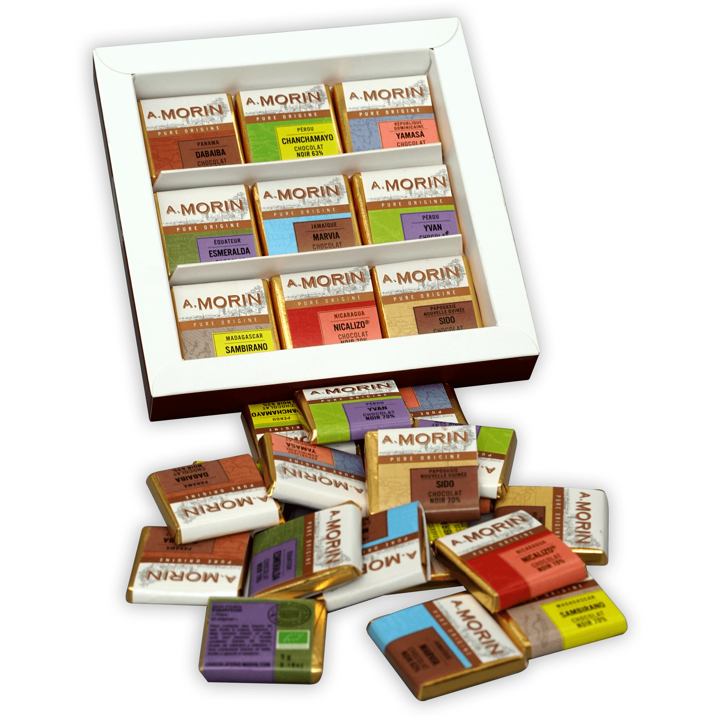 A. Morin dark chocolate tasting box with 27 colorful foil bars