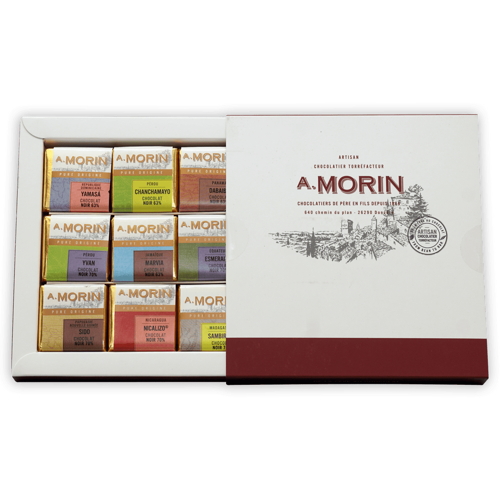 A. Morin Dark Chocolate Tasting Box with 12 foil-wrapped bars