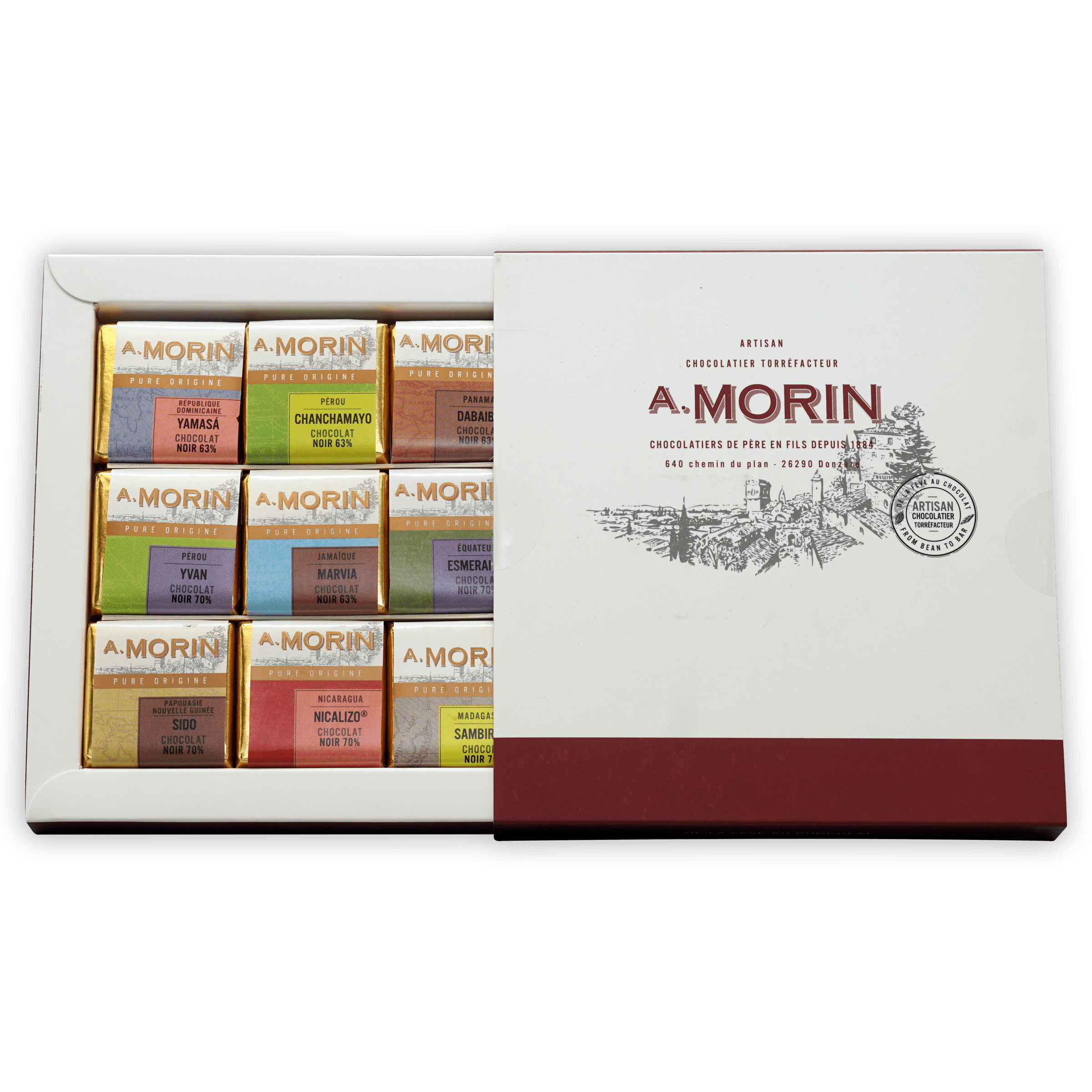 A. Morin Dark Chocolate Tasting Box with 12 foil-wrapped bars