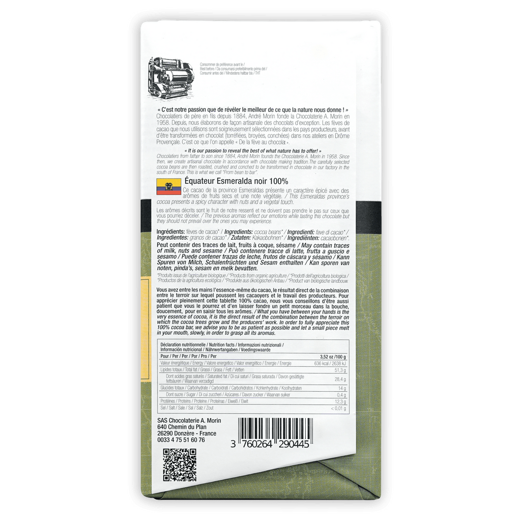 Back of green and white A. Morin Ecuador Esmeralda Noir 100% chocolate wrapper