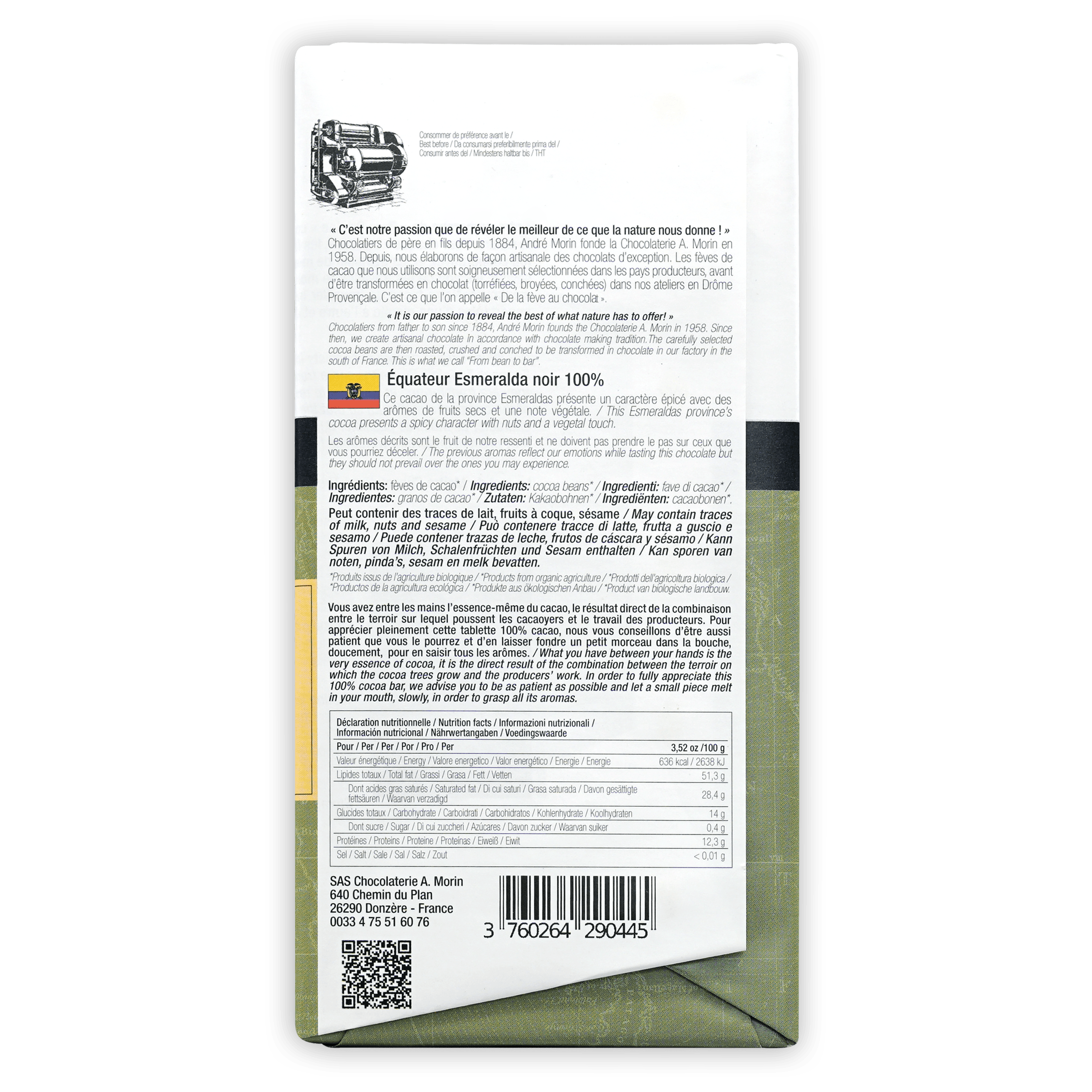 Back of green and white A. Morin Ecuador Esmeralda Noir 100% chocolate wrapper