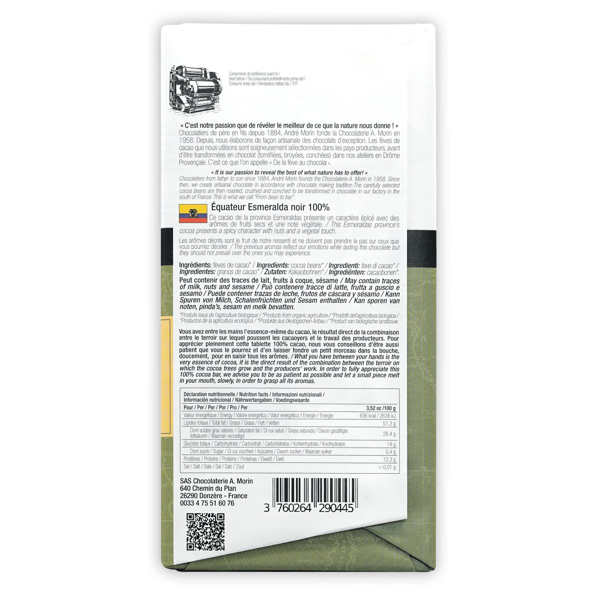 Back of green and white A. Morin Ecuador Esmeralda Noir 100% chocolate wrapper