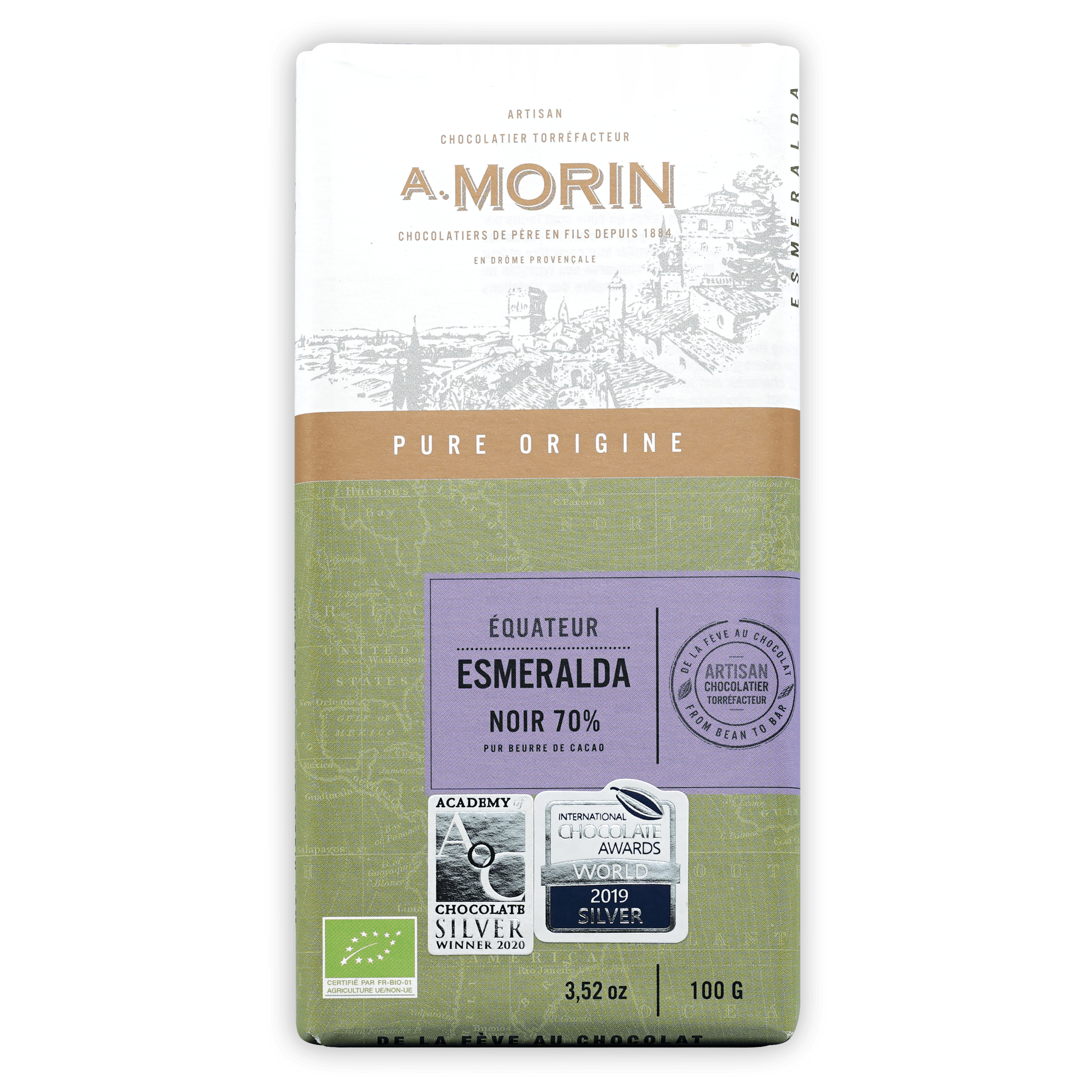 A. Morin Equateur Esmeralda 70% chocolate bar label