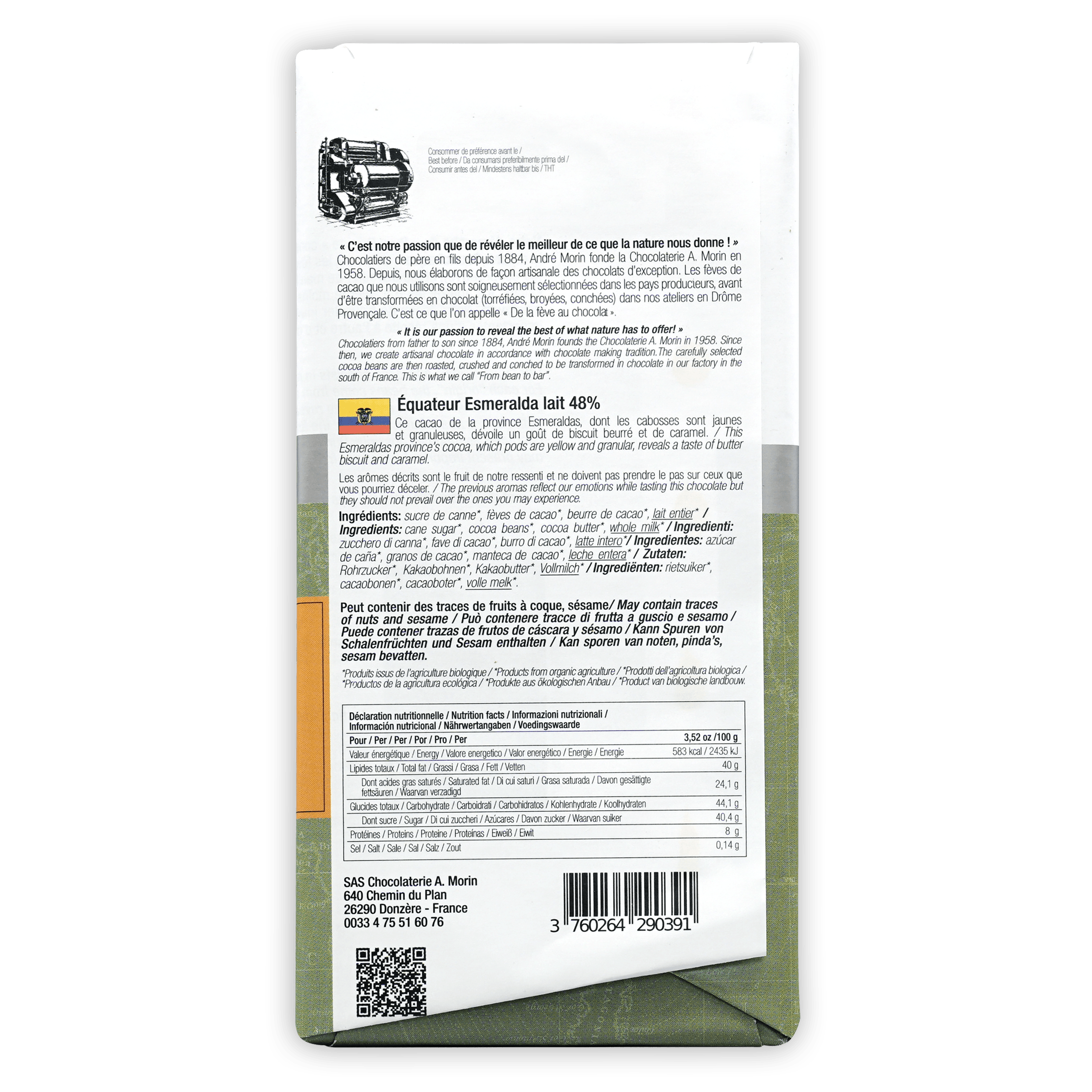 Back of A. Morin Equateur Esmeralda Milk 48% white green wrapper