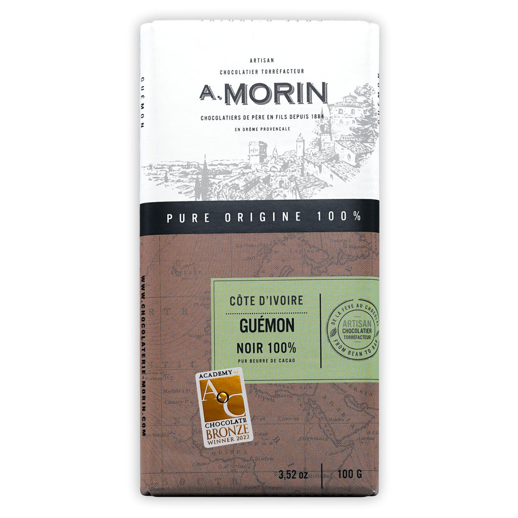 A. Morin 100% dark chocolate bar from Ivory Coast in brown green map package