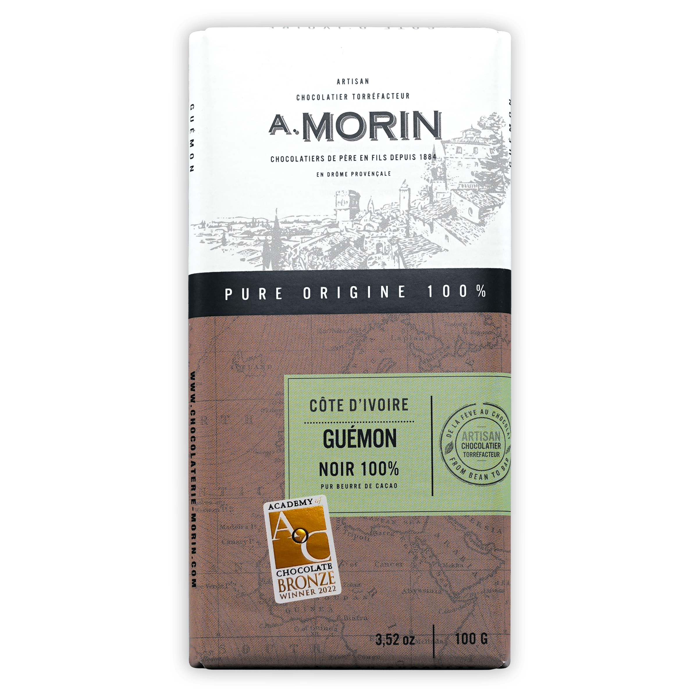 A. Morin 100% dark chocolate bar from Ivory Coast in brown green map package