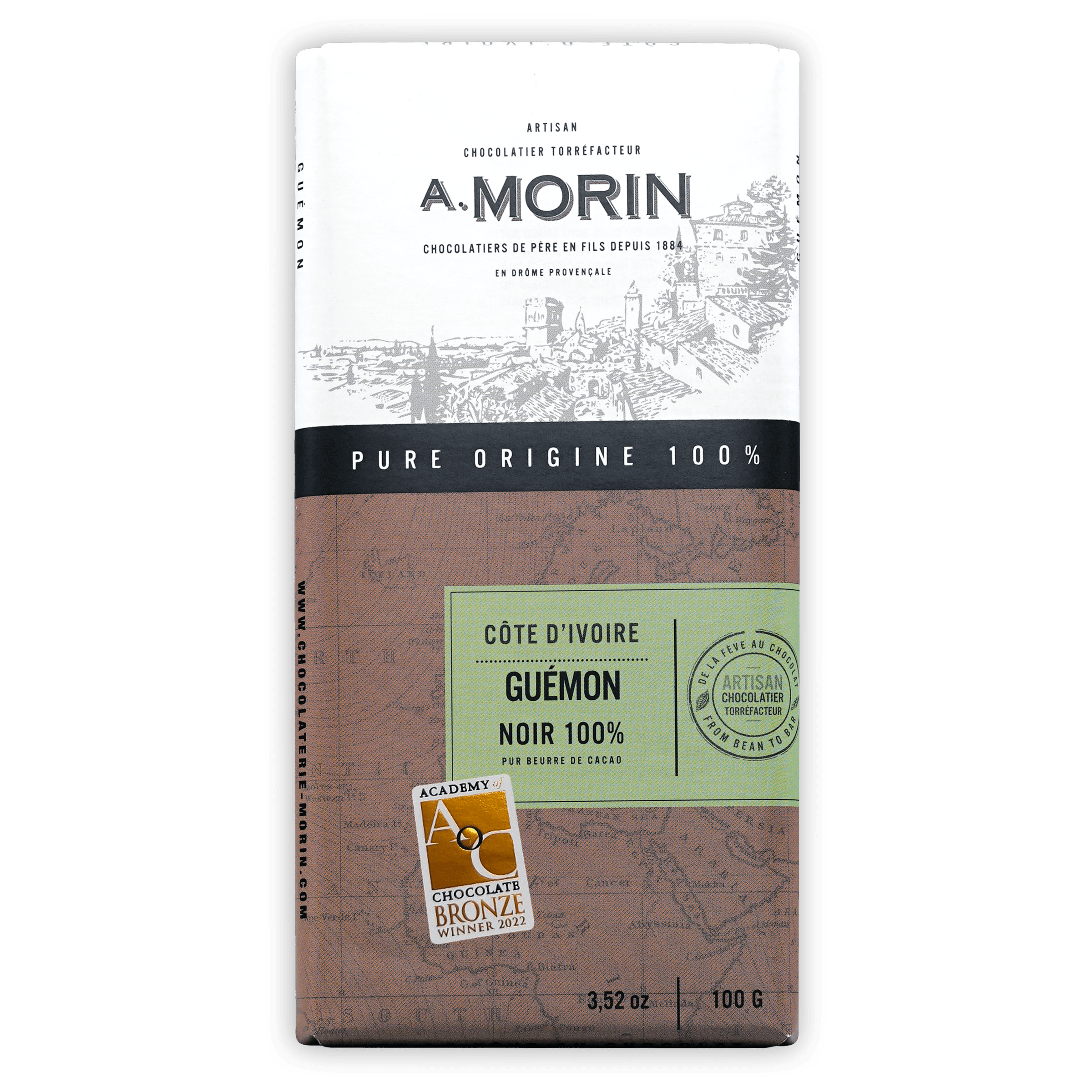 A. Morin 100% dark chocolate bar from Ivory Coast in brown green map package