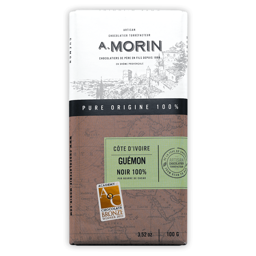 A. Morin 100% dark chocolate bar from Ivory Coast in brown green map package