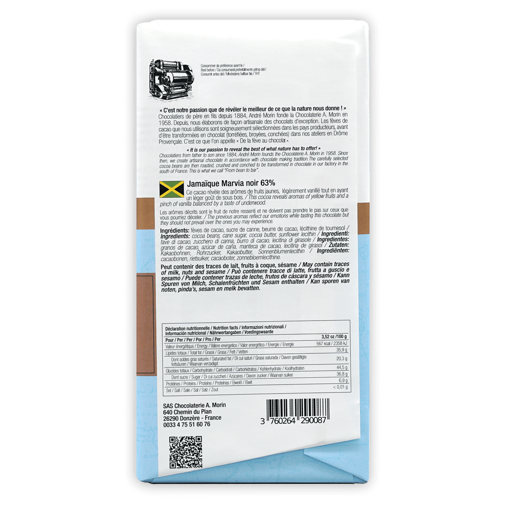 A. Morin Jamaique Marvia 63% white rectangular chocolate bar wrapper with vintage car illustration