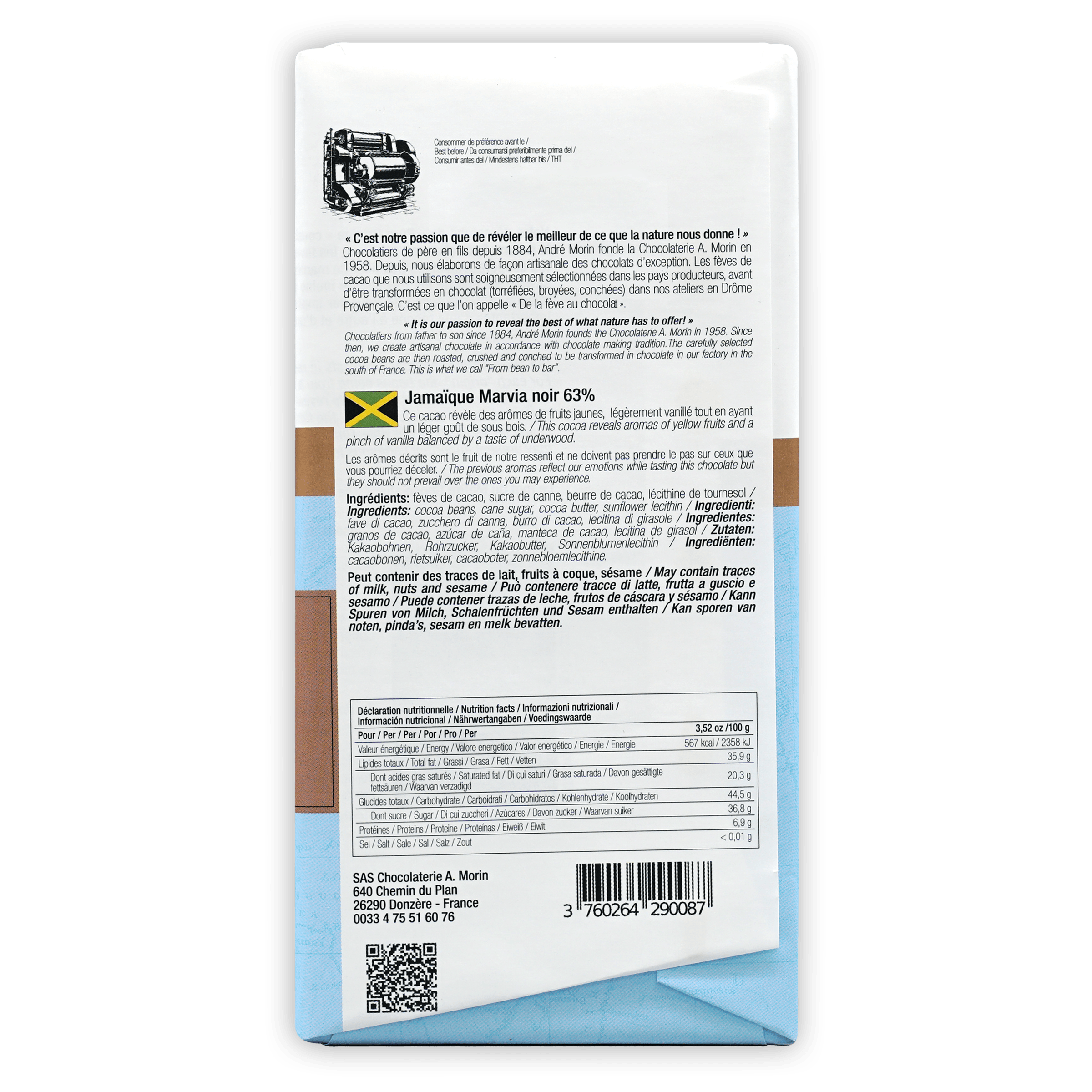 A. Morin Jamaique Marvia 63% white rectangular chocolate bar wrapper with vintage car illustration