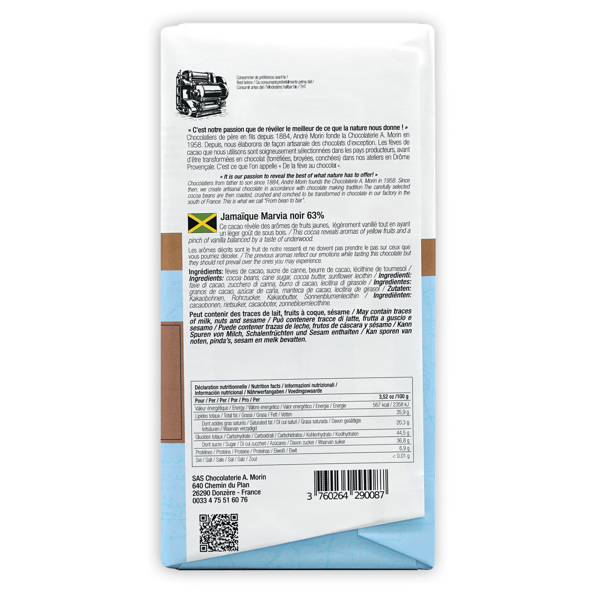 A. Morin Jamaique Marvia 63% white rectangular chocolate bar wrapper with vintage car illustration