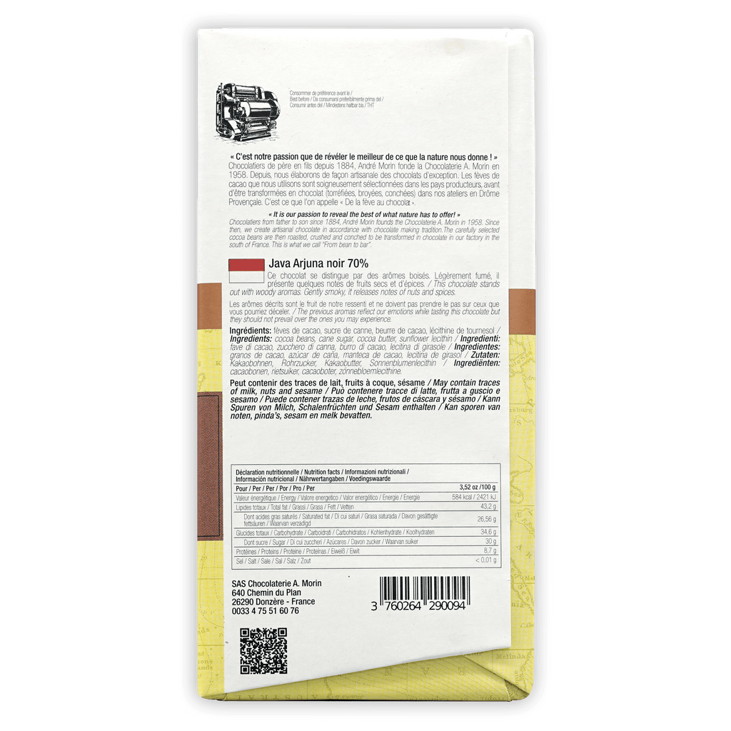 Back of A. Morin Java Aruna 70% dark chocolate bar wrapper