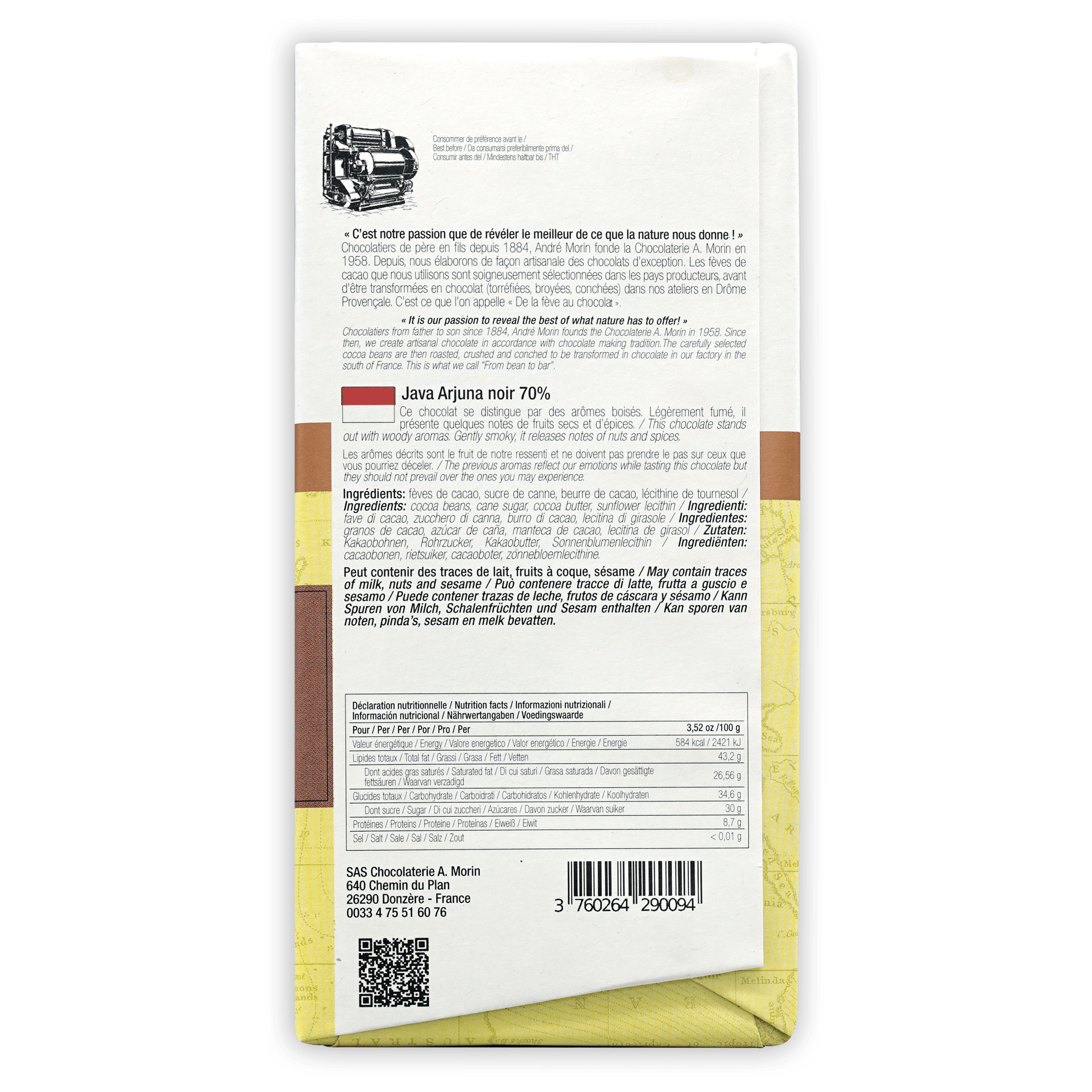 Back of A. Morin Java Aruna 70% dark chocolate bar wrapper
