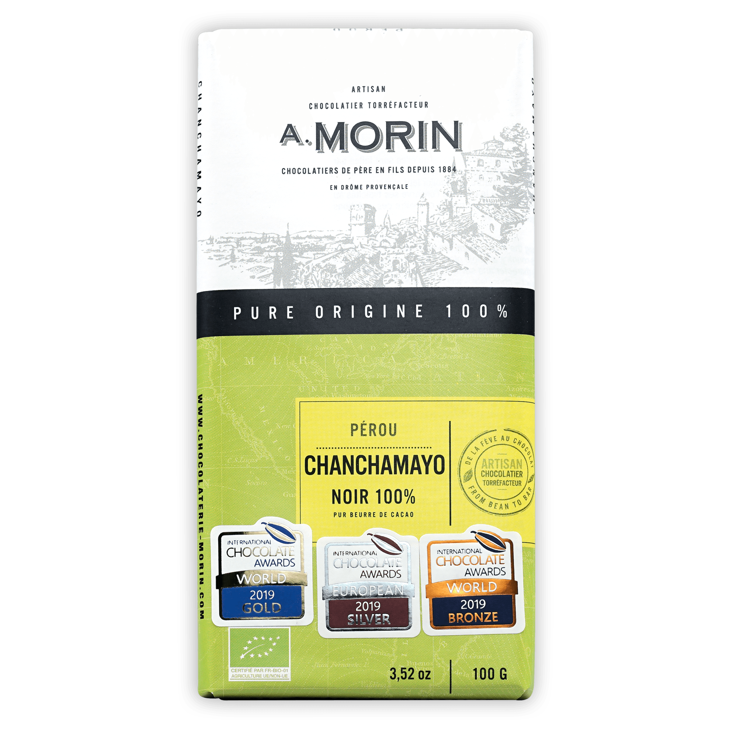 Sleek lime-green and white A. Morin Perou Chanchamayo 100% cacao bar