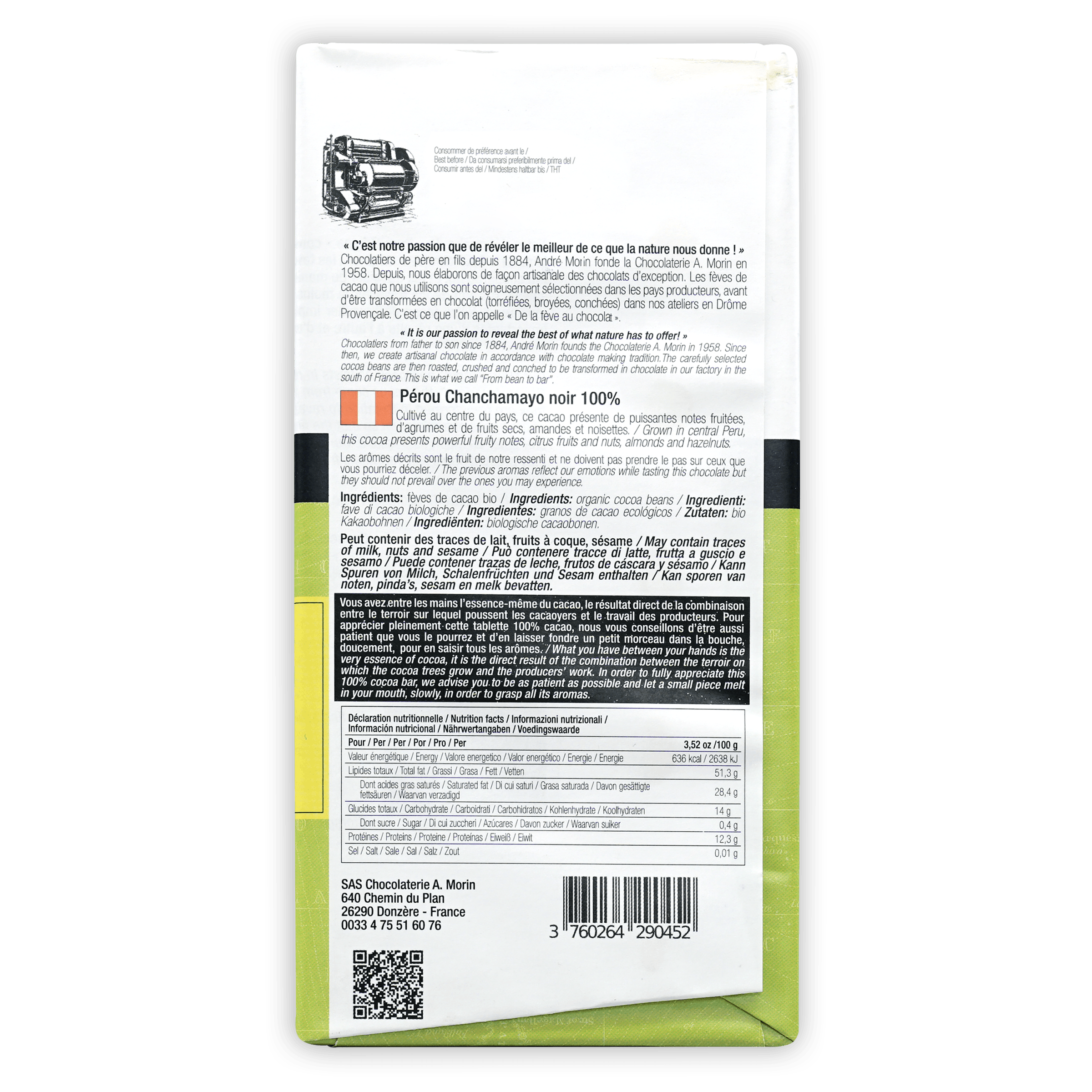 A. Morin Perou Chanchamayo 100% white green chocolate bar