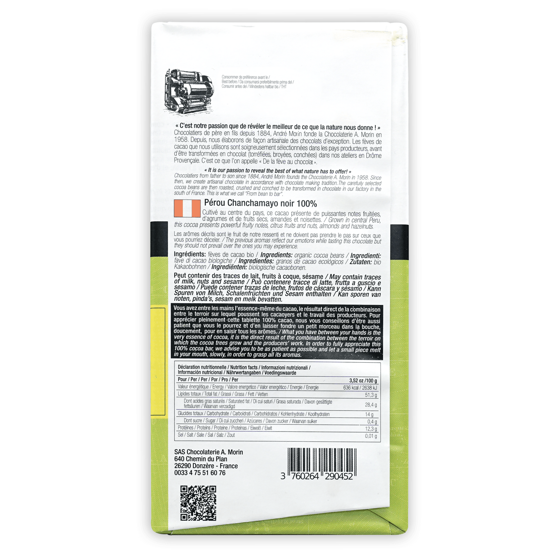 A. Morin Perou Chanchamayo 100% white green chocolate bar