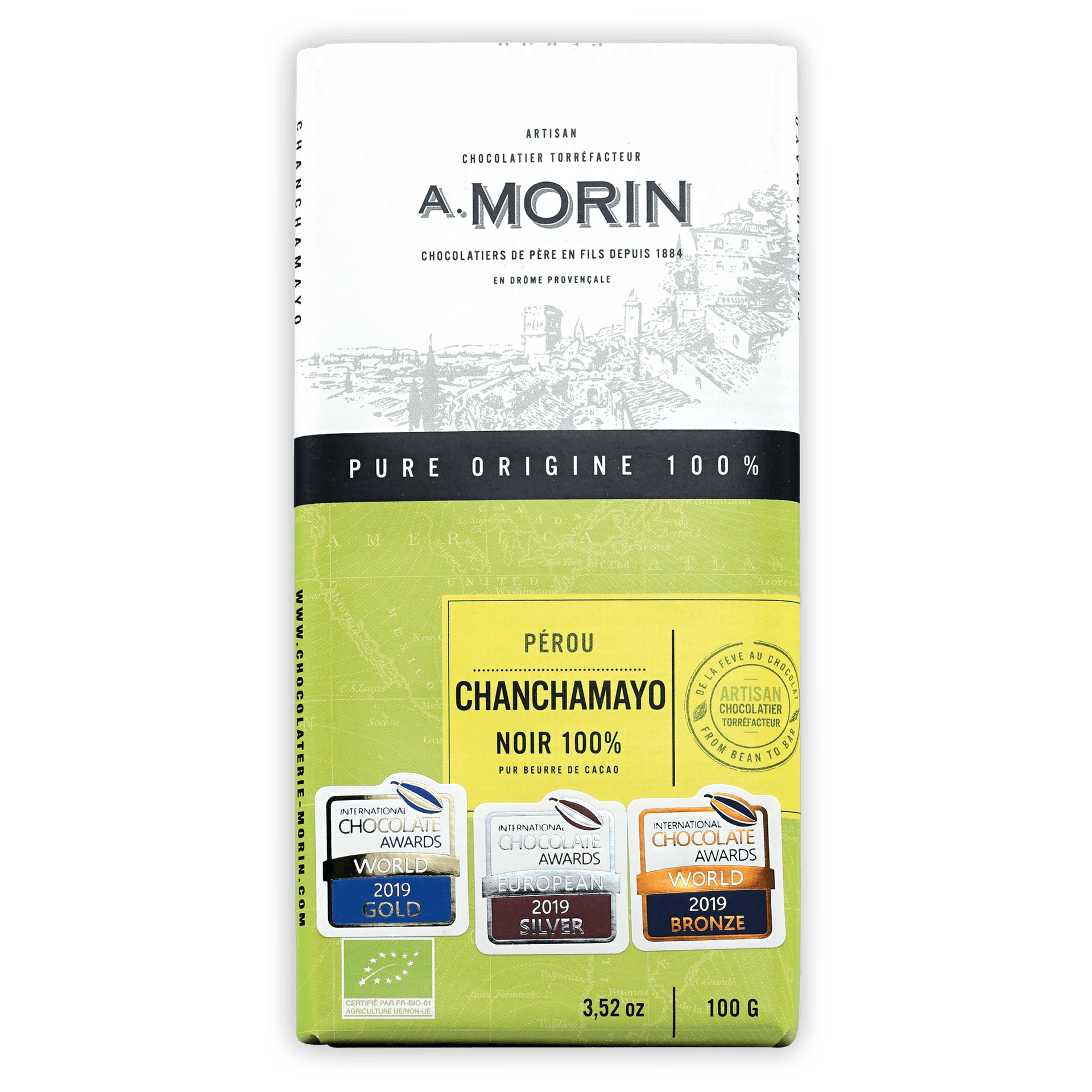Sleek lime-green and white A. Morin Perou Chanchamayo 100% cacao bar