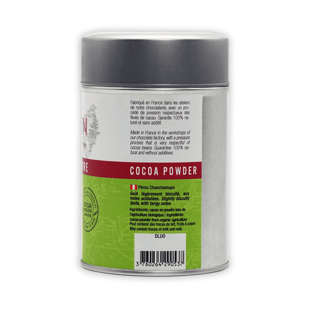 Sleek silver A. Morin Peru Cocoa Powder 100% tin with green label