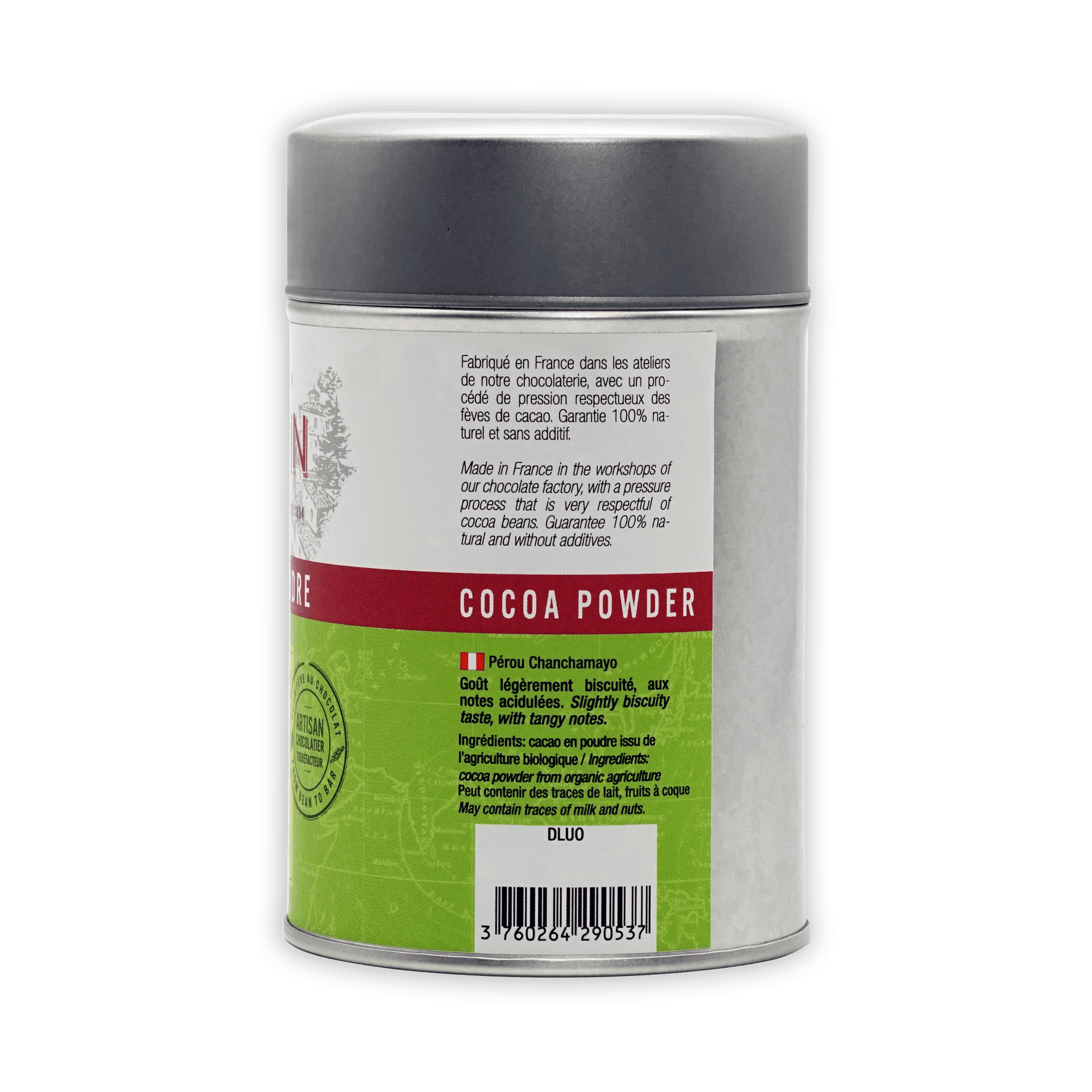 Sleek silver A. Morin Peru Cocoa Powder 100% tin with green label