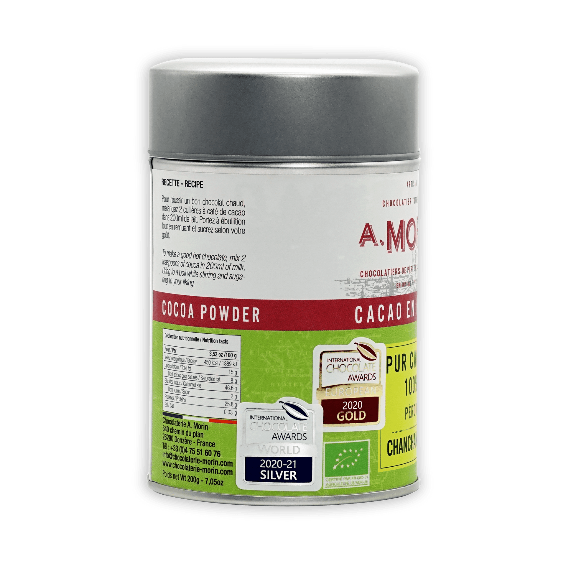 Sleek silver cylindrical tin of A. Morin Peru Cocoa Powder 100%