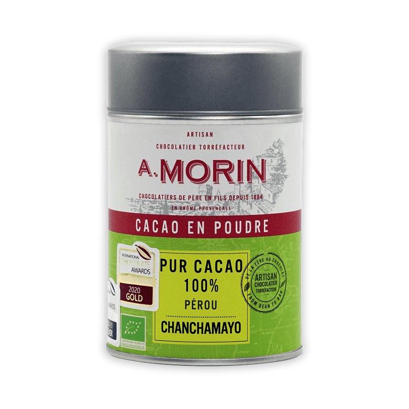 Sleek silver-topped cylindrical tin of A. Morin Peru Cocoa Powder 100%
