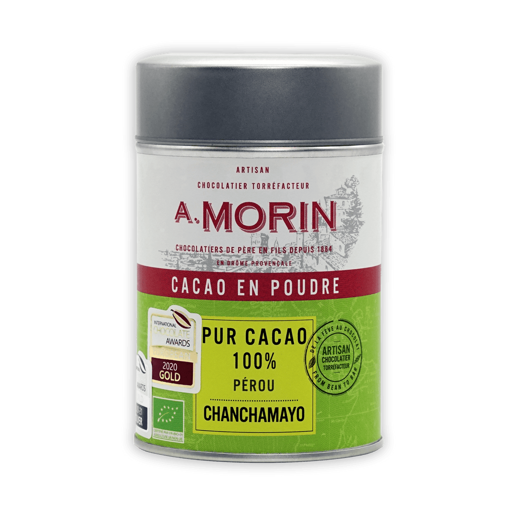 Sleek silver-topped cylindrical tin of A. Morin Peru Cocoa Powder 100%