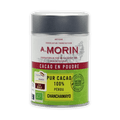 Sleek silver-topped cylindrical tin of A. Morin Peru Cocoa Powder 100%