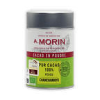 Sleek silver-topped cylindrical tin of A. Morin Peru Cocoa Powder 100%
