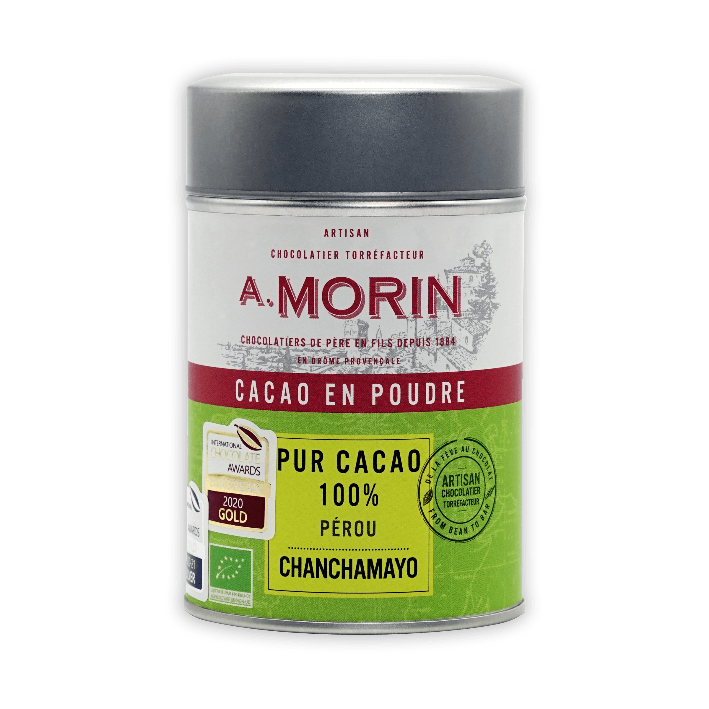 Sleek silver-topped cylindrical tin of A. Morin Peru Cocoa Powder 100%