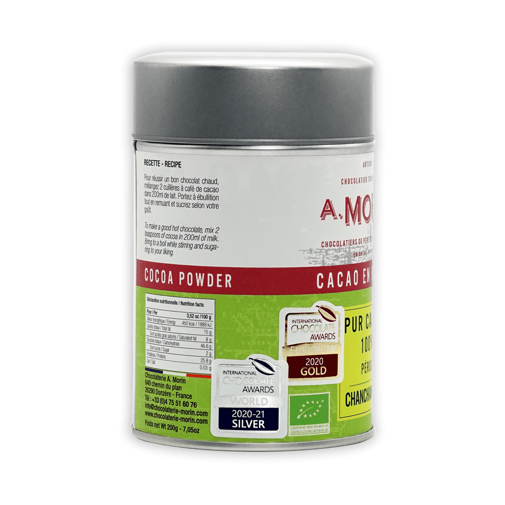 Sleek silver cylindrical tin of A. Morin Peru Cocoa Powder 100%