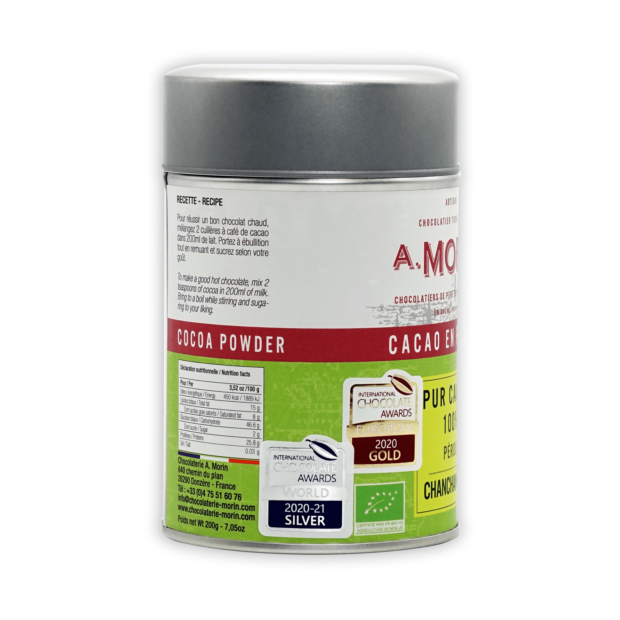 Sleek silver cylindrical tin of A. Morin Peru Cocoa Powder 100%