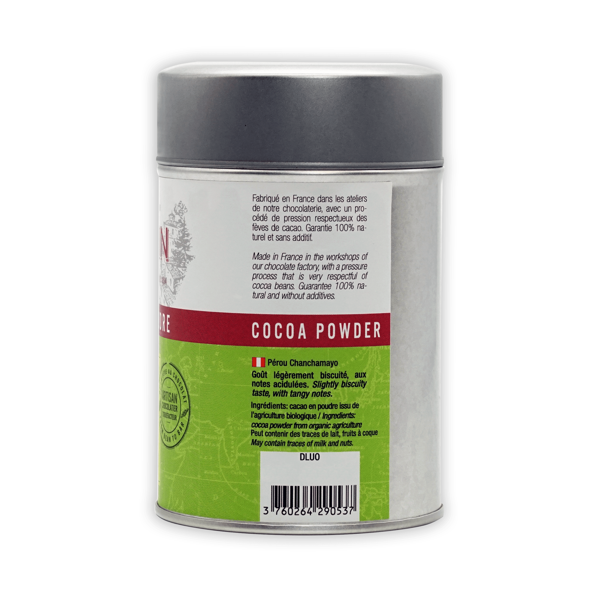 Sleek silver A. Morin Peru Cocoa Powder 100% tin with green label