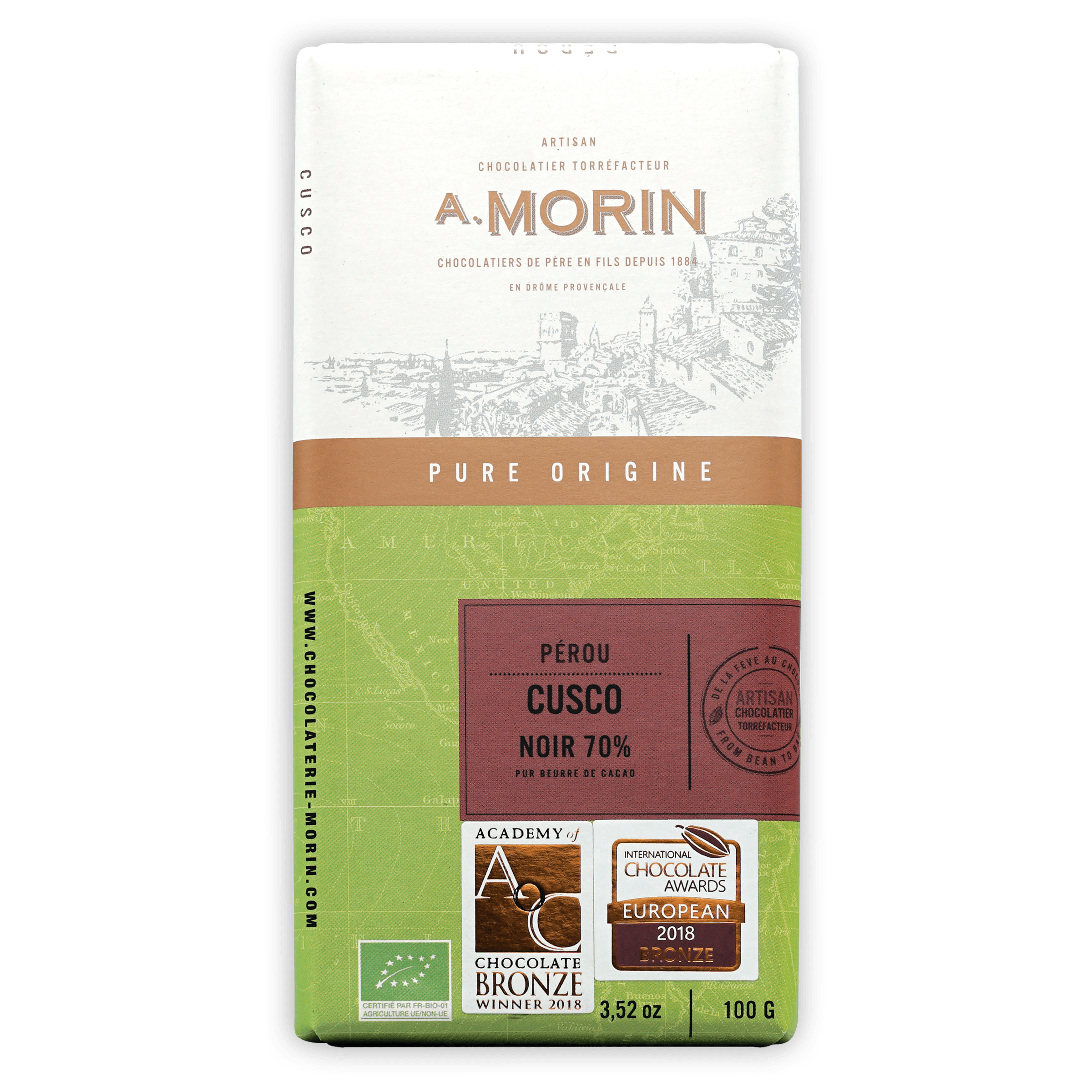 A. label on A. Morin Peru Cusco 70% chocolate bar