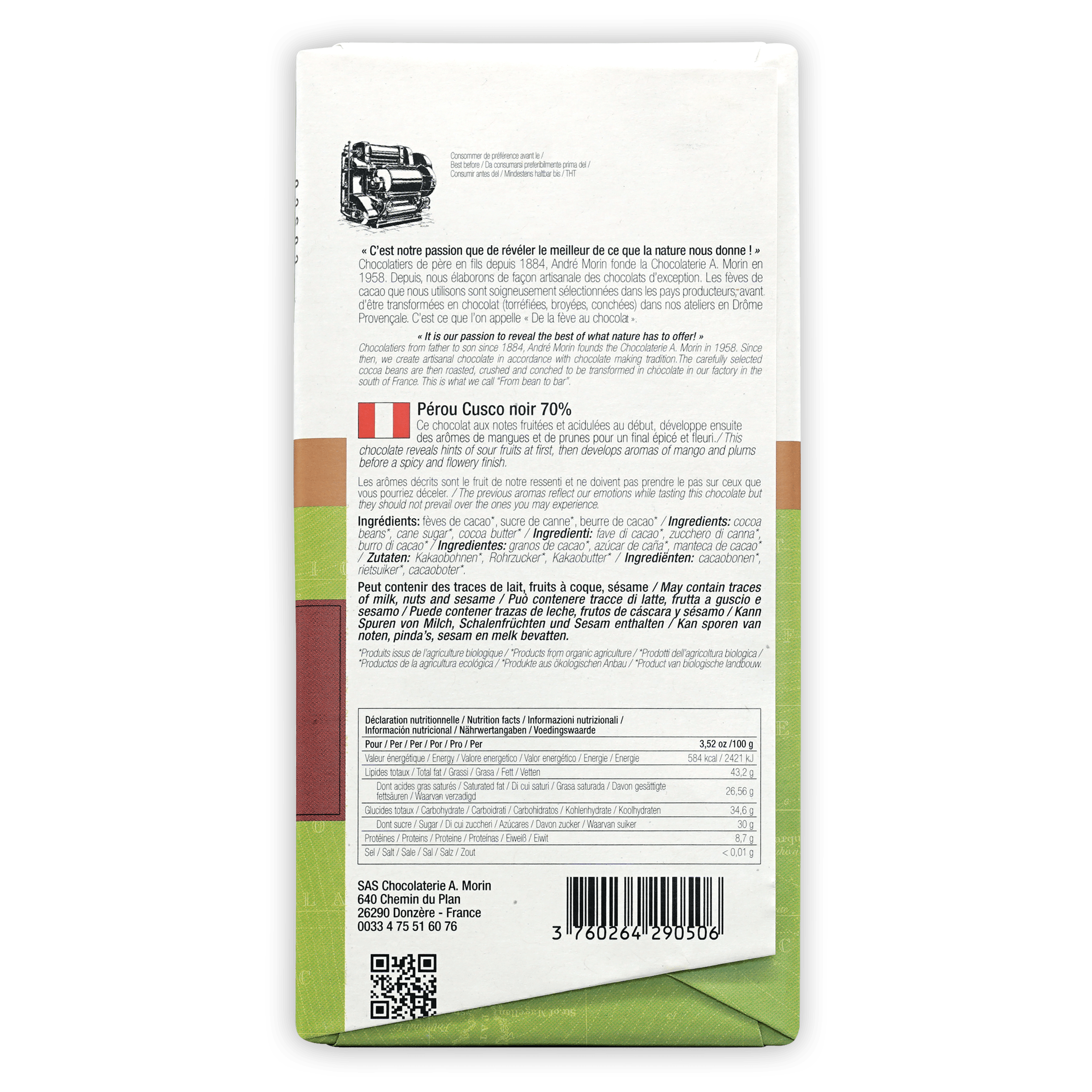 A. Morin Peru Cusco Noir 70% chocolate bar wrapper